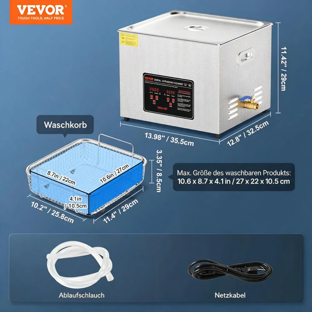 VEVOR Ultraschallreiniger 15 L professionelle 360 W Reinigungsmaschine mit Timer & Heizung, digitaler 40 kHz Ultraschallreiniger mit Korb für Uhrgläser Schmuckhalter Industrieteile Werkzeuge Silber