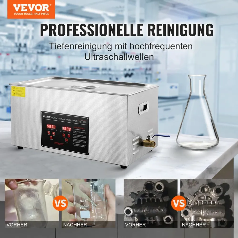 VEVOR Ultraschallreiniger Ultraschall Edelstahl-Reinigungsgerät 480 W, 22 L Ultraschallreinigungsgerät mit Digitaler Anzeige 0-30 Min, Reinigung Ultraschall für Schmuck, Brillen, Uhren usw.