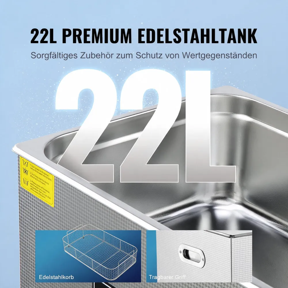 VEVOR Ultraschallreiniger Ultraschall Edelstahl-Reinigungsgerät 480 W, 22 L Ultraschallreinigungsgerät mit Digitaler Anzeige 0-30 Min, Reinigung Ultraschall für Schmuck, Brillen, Uhren usw.