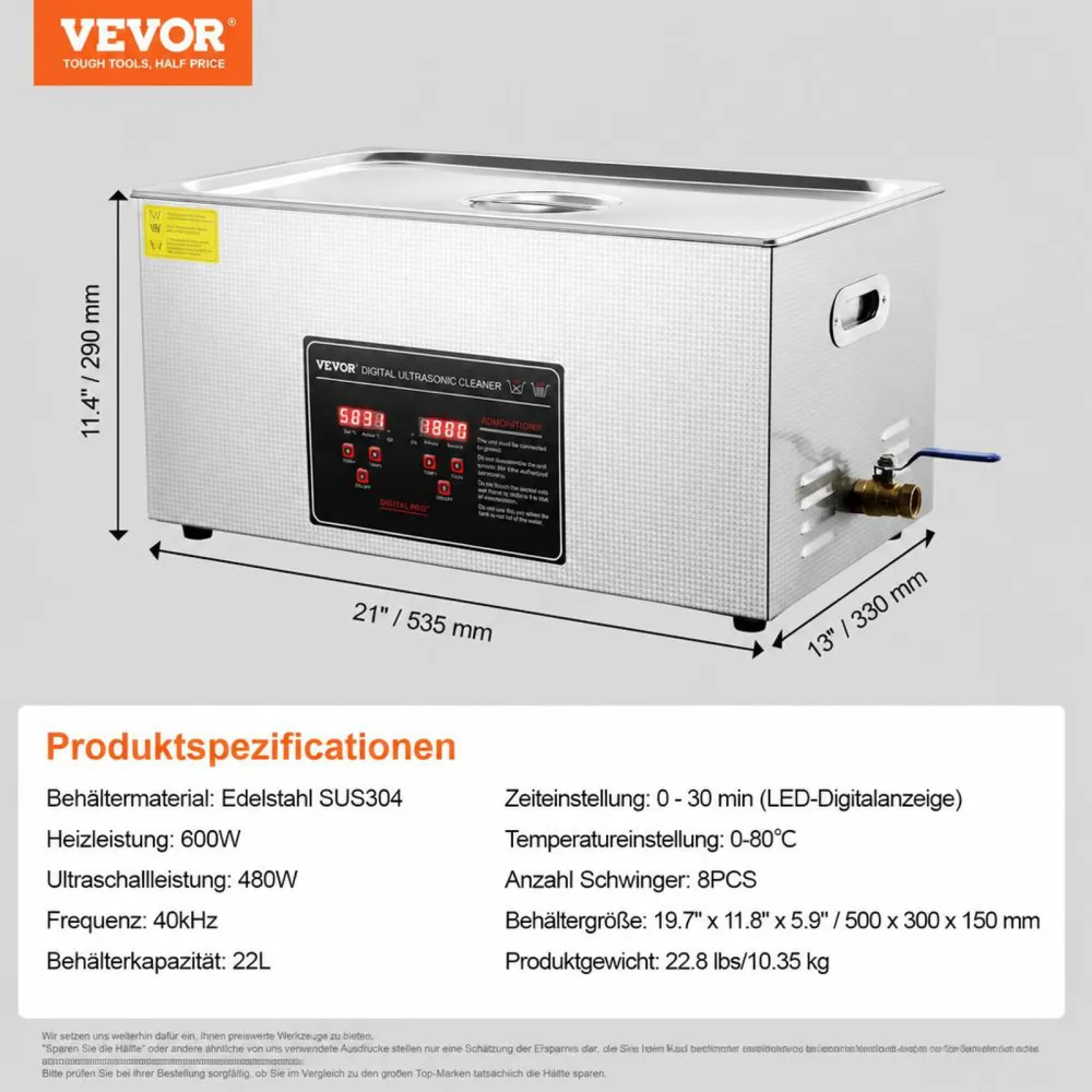 VEVOR Ultraschallreiniger Ultraschall Edelstahl-Reinigungsgerät 480 W, 22 L Ultraschallreinigungsgerät mit Digitaler Anzeige 0-30 Min, Reinigung Ultraschall für Schmuck, Brillen, Uhren usw.