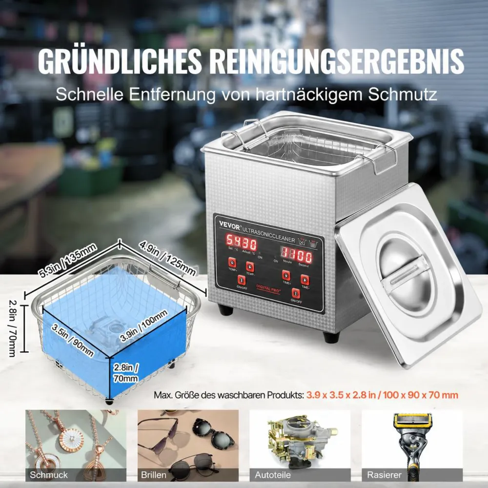 VEVOR Ultraschallreiniger Ultraschall Edelstahl-Reinigungsgerät 150 W, 2 L Ultraschallreinigungsgerät mit digitaler Anzeige 0-30 Min, Reinigung Ultraschall für Schmuck, Brillen, Uhren usw.