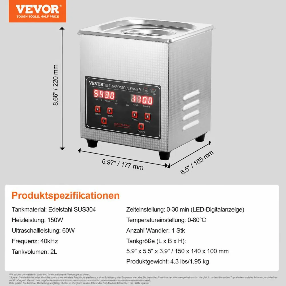 VEVOR Ultraschallreiniger Ultraschall Edelstahl-Reinigungsgerät 150 W, 2 L Ultraschallreinigungsgerät mit digitaler Anzeige 0-30 Min, Reinigung Ultraschall für Schmuck, Brillen, Uhren usw.