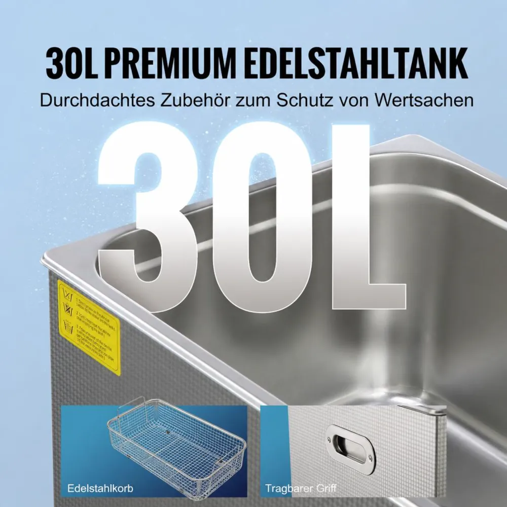 VEVOR Ultraschallreiniger Ultraschall Edelstahl-Reinigungsgerät 600 W, 30 L Ultraschallreinigungsgerät mit digitaler Anzeige 0-30 Min, Reinigung Ultraschall für Schmuck, Brillen, Uhren usw.