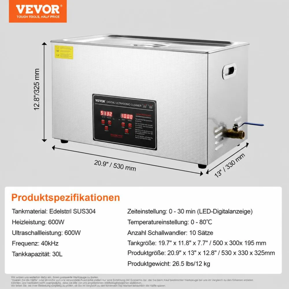 VEVOR Ultraschallreiniger Ultraschall Edelstahl-Reinigungsgerät 600 W, 30 L Ultraschallreinigungsgerät mit digitaler Anzeige 0-30 Min, Reinigung Ultraschall für Schmuck, Brillen, Uhren usw.