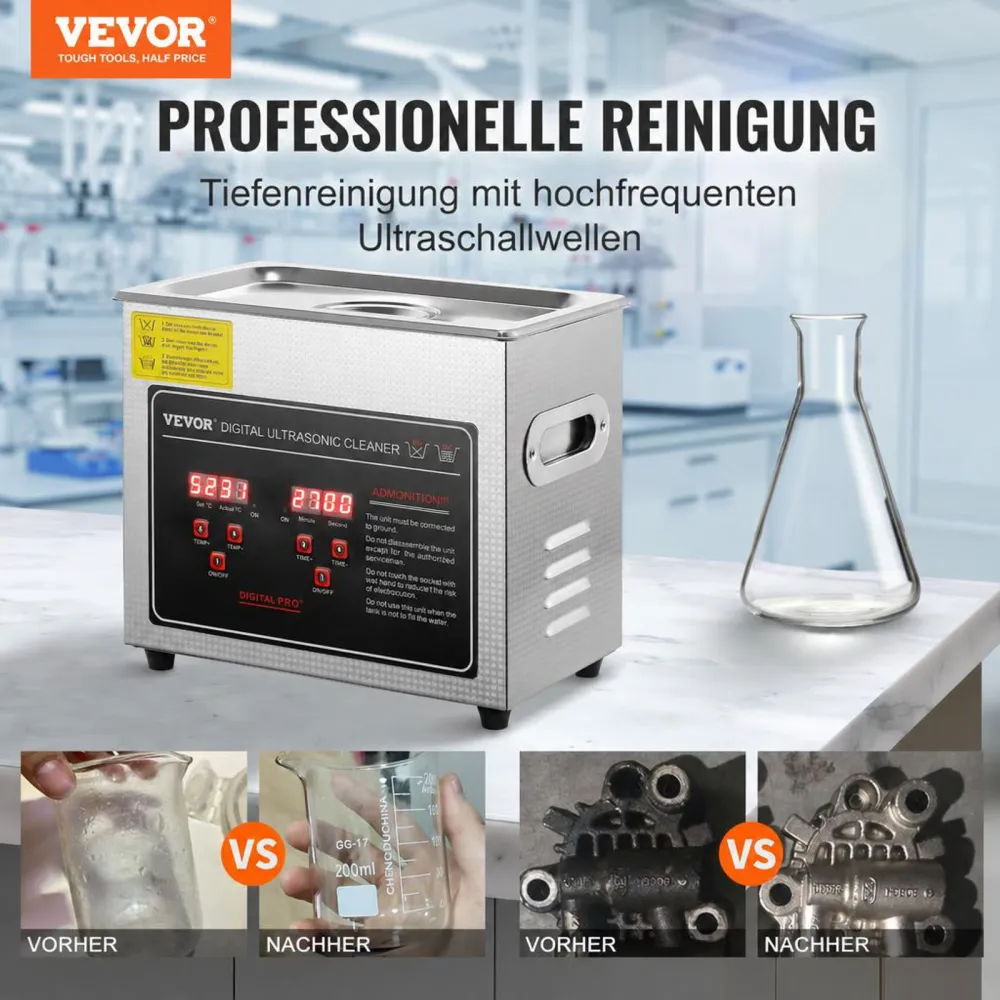 VEVOR Ultraschallreiniger Ultraschall Edelstahl-Reinigungsgerät 150 W, 3 L Ultraschallreinigungsgerät mit Digitaler Anzeige 0-30 Min, Reinigung Ultraschall für Schmuck, Brillen, Uhren usw.