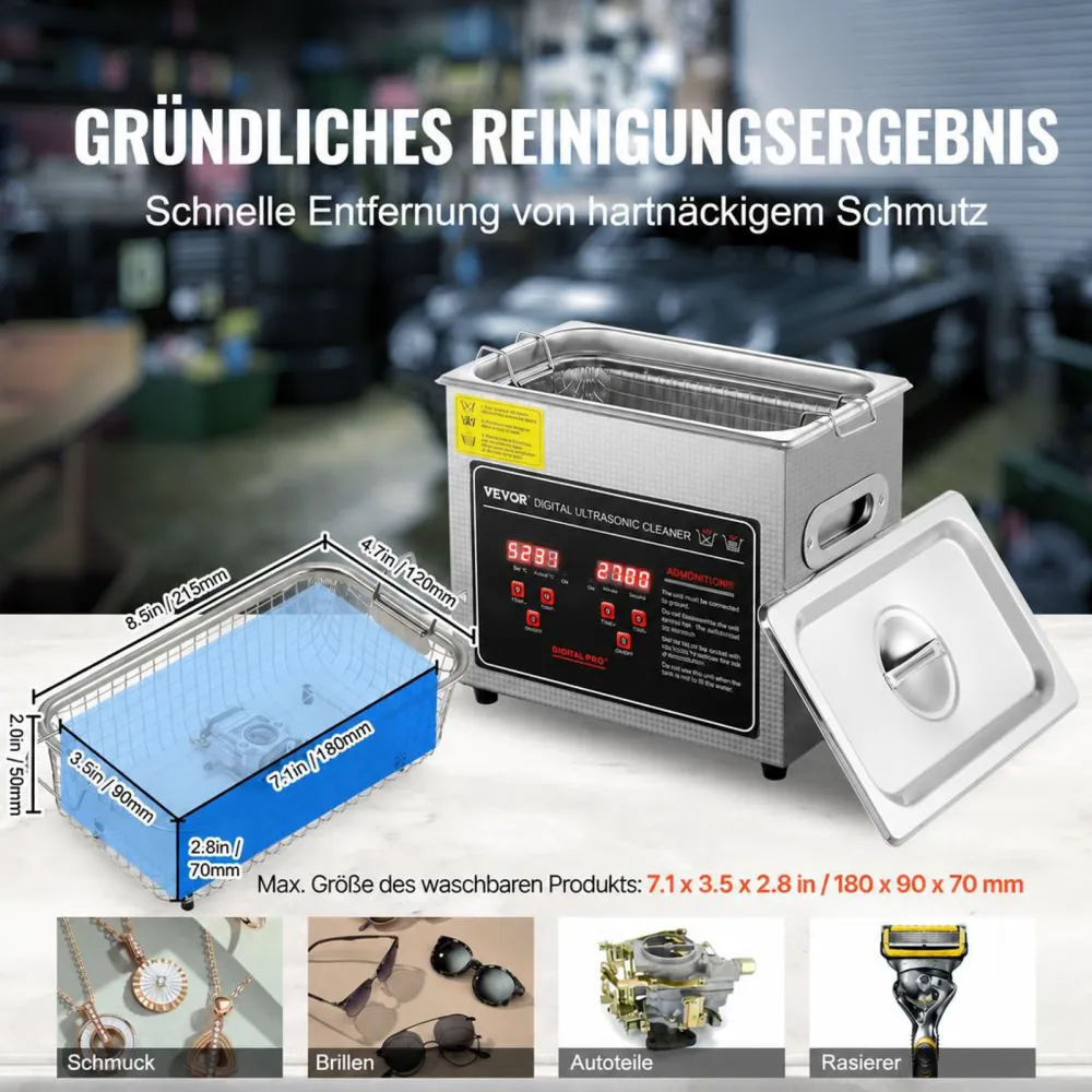 VEVOR Ultraschallreiniger Ultraschall Edelstahl-Reinigungsgerät 150 W, 3 L Ultraschallreinigungsgerät mit Digitaler Anzeige 0-30 Min, Reinigung Ultraschall für Schmuck, Brillen, Uhren usw.