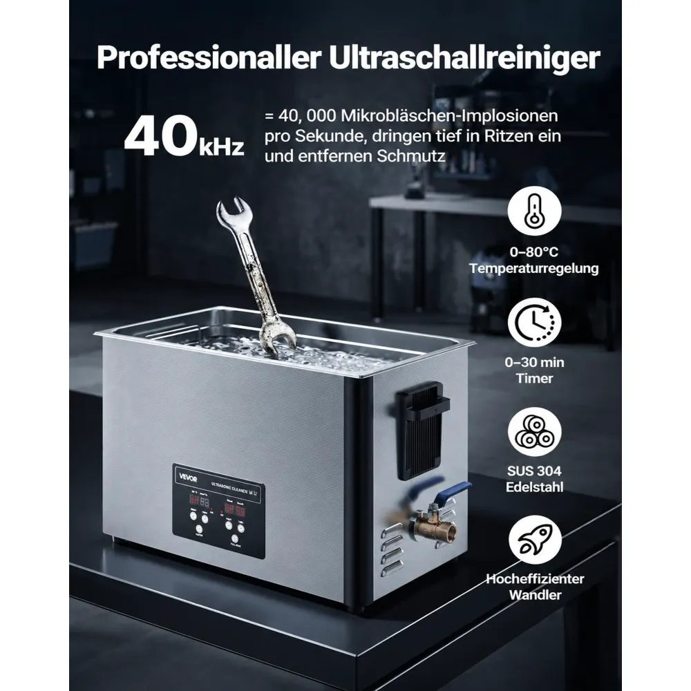 VEVOR 30 L Ultraschallreiniger, professionelle Ultraschallreinigungsmaschine mit Reinigungskorb & Digitalanzeige, 480 W Edelstahl 40 kHz Industrielle Reinigungsmaschine für Teile Vergaser Instrumente