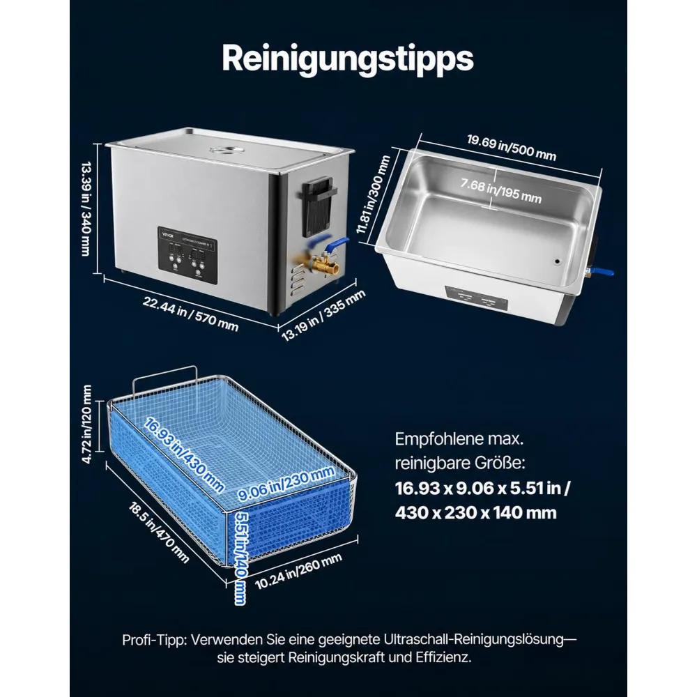 VEVOR 30 L Ultraschallreiniger, professionelle Ultraschallreinigungsmaschine mit Reinigungskorb & Digitalanzeige, 480 W Edelstahl 40 kHz Industrielle Reinigungsmaschine für Teile Vergaser Instrumente