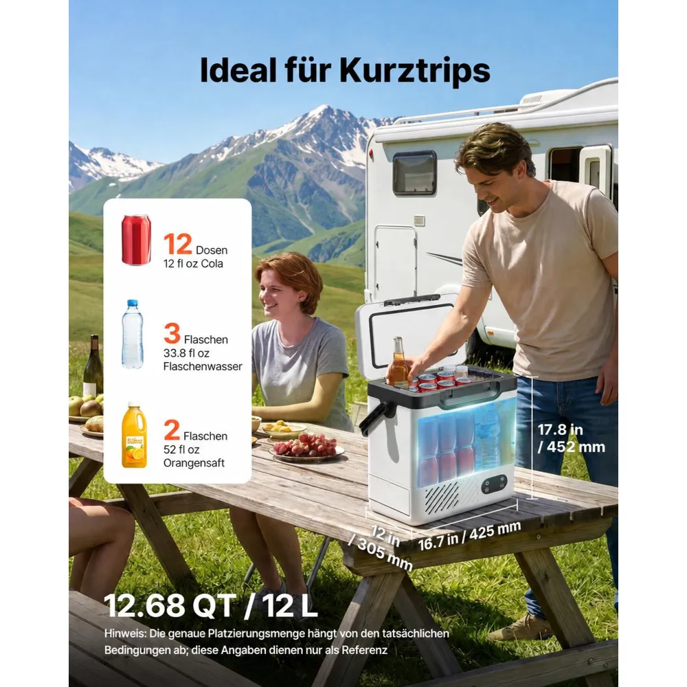 VEVOR Kompressor Kühlbox 12 L, Elektrischer Autokühlschrank mit Griff, -20 °C bis 20 °C, 12/24 V DC und 100-240 V AC, Tragbare Kühlbox für Camping, Reisen, Lkw, Wohnmobil und Boot