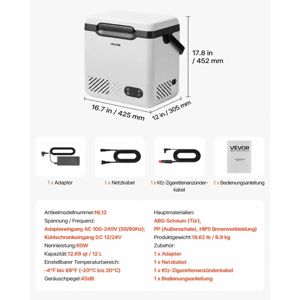 VEVOR Kompressor Kühlbox 12 L, Elektrischer Autokühlschrank mit Griff, -20 °C bis 20 °C, 12/24 V DC und 100-240 V AC, Tragbare Kühlbox für Camping, Reisen, Lkw, Wohnmobil und Boot