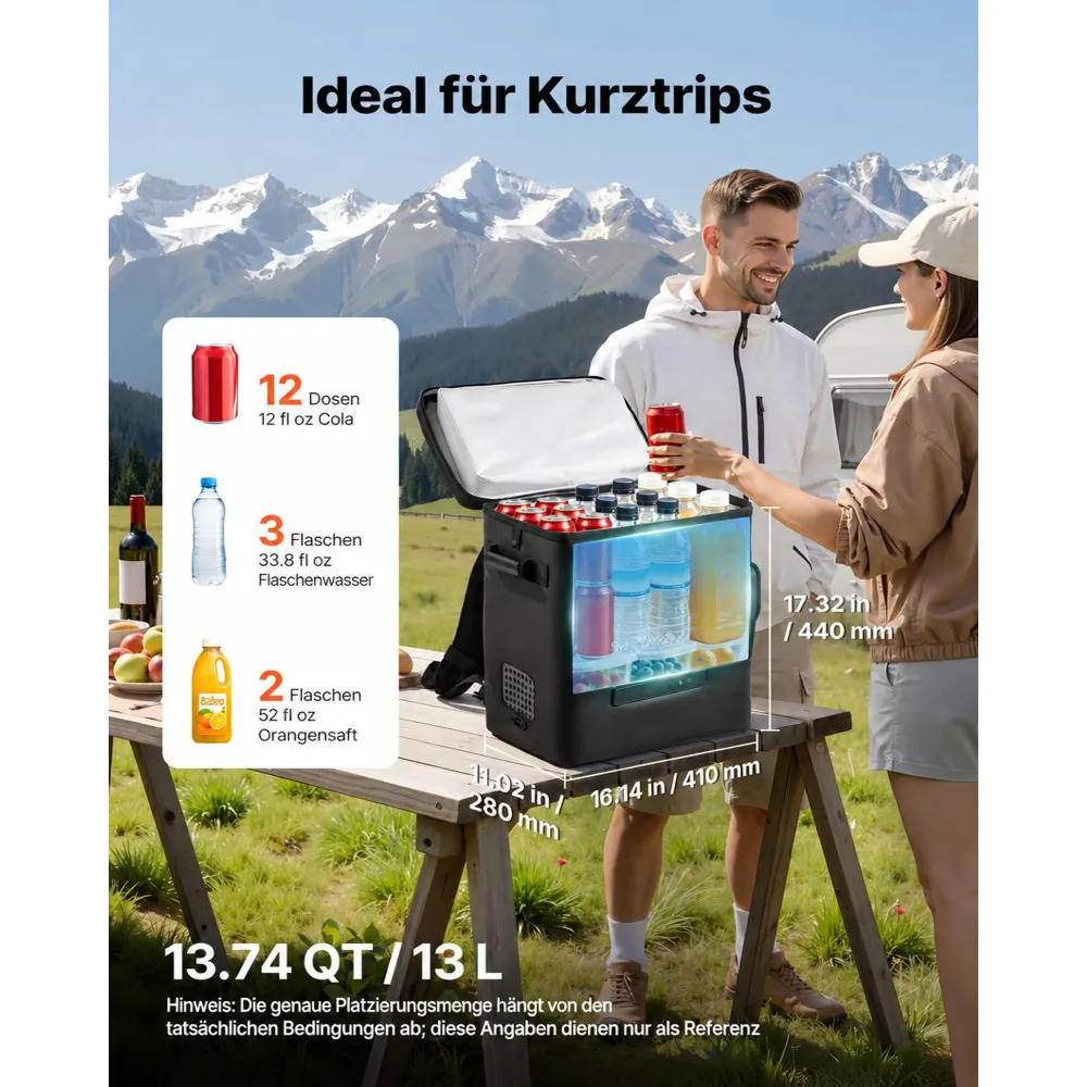 VEVOR Kompressor Kühlbox 13 L, Elektrischer Autokühlschrank, Mini Kühlbox -6 °C bis 10 °C, 12/24 V DC, Tragbarer Reisekühlschrank für Camping, Reisen, Auto, Lkw, Wohnmobil, SUV und Boot