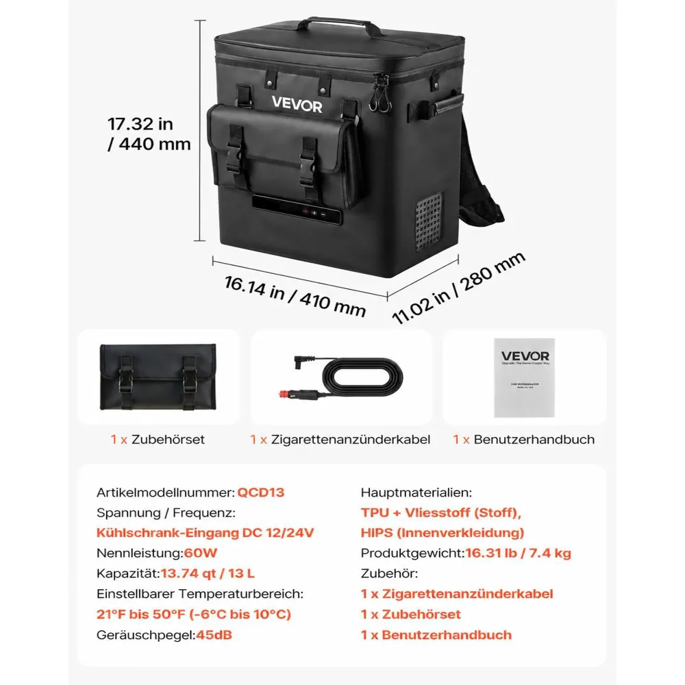 VEVOR Kompressor Kühlbox 13 L, Elektrischer Autokühlschrank, Mini Kühlbox -6 °C bis 10 °C, 12/24 V DC, Tragbarer Reisekühlschrank für Camping, Reisen, Auto, Lkw, Wohnmobil, SUV und Boot