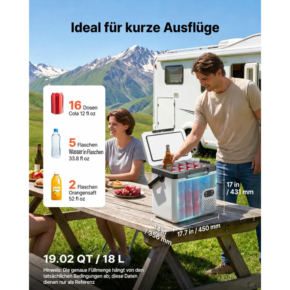 VEVOR Kompressor Kühlbox 18 L, Elektrischer Autokühlschrank mit Griff, -20 °C bis 20 °C, 12/24 V DC und 100-240 V AC, Tragbare Kühlbox für Camping, Reisen, Lkw, Wohnmobil und Boot