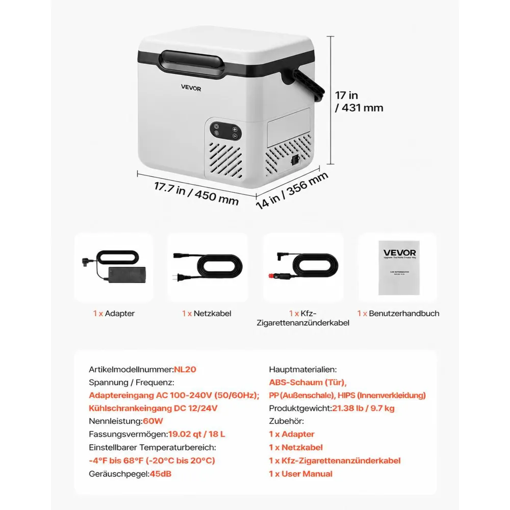 VEVOR Kompressor Kühlbox 18 L, Elektrischer Autokühlschrank mit Griff, -20 °C bis 20 °C, 12/24 V DC und 100-240 V AC, Tragbare Kühlbox für Camping, Reisen, Lkw, Wohnmobil und Boot