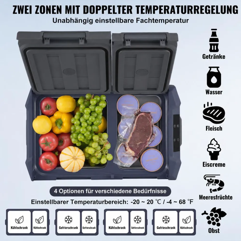 VEVOR Autokühlschrank, 12-Volt-Autokühlschrank, tragbarer 25-Liter-Gefrierschrank mit zwei Zonen, einstellbarer Bereich von -4℉ bis 68℉, 12/24 V DC und 100-240 V AC-Kompressorkühler für Outdoor, Camping, Wohnmobil