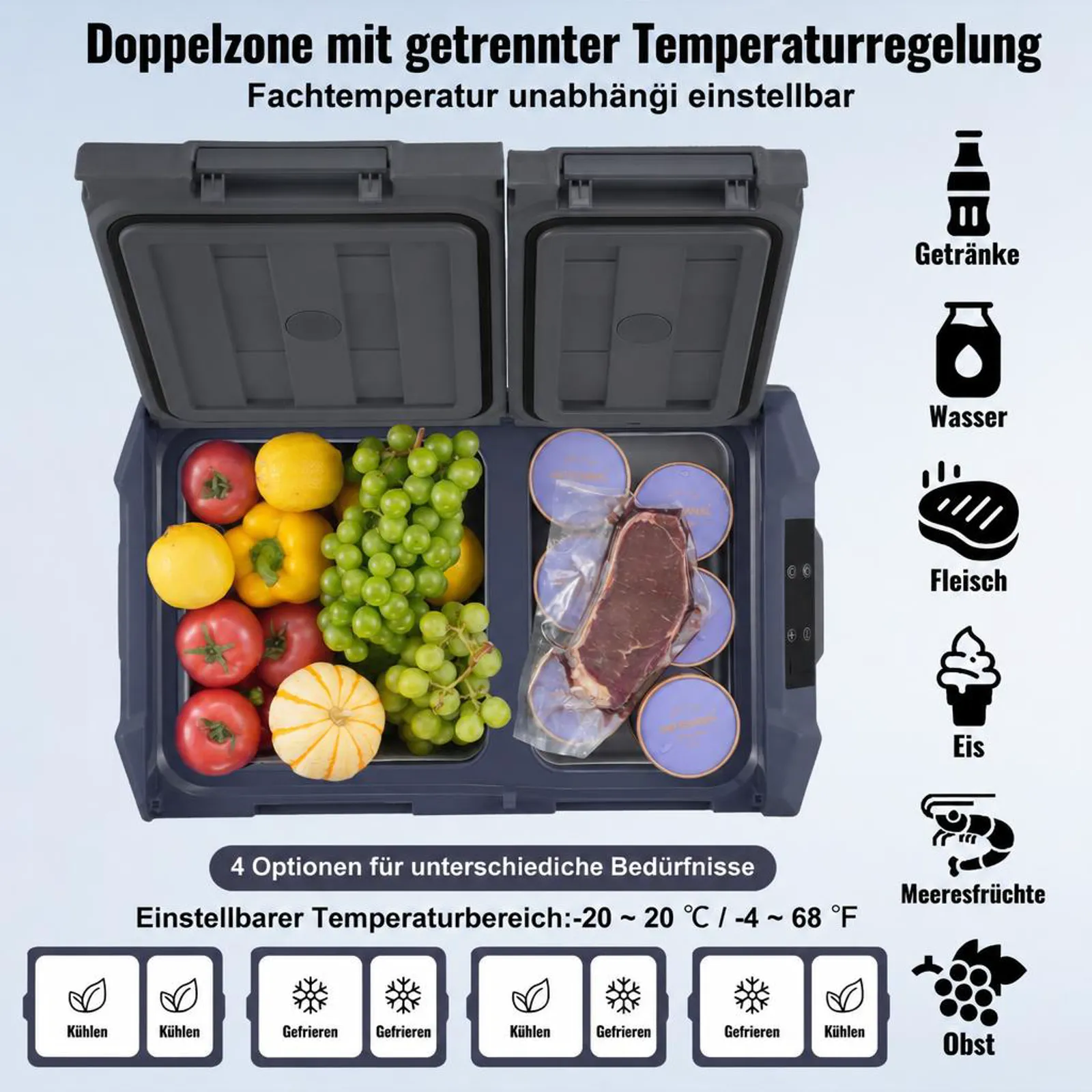 VEVOR Autokühlschrank, 12-Volt-Autokühlschrank, tragbarer 40-Liter-Gefrierschrank mit zwei Zonen, einstellbarer Bereich von -20 °C bis 20 °C, 12/24 V Gleichstrom und 100–240 V Wechselstrom, Kompressorkühler für den Außenbereich, Camping, Wohnmobil