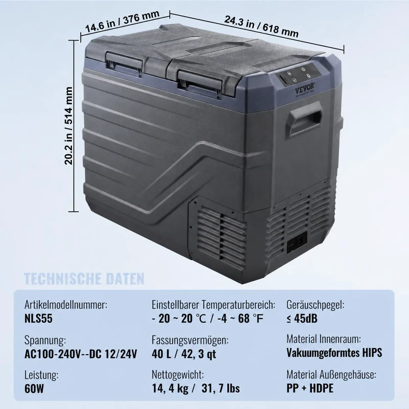 VEVOR Autokühlschrank, 12-Volt-Autokühlschrank, tragbarer 40-Liter-Gefrierschrank mit zwei Zonen, einstellbarer Bereich von -20 °C bis 20 °C, 12/24 V Gleichstrom und 100–240 V Wechselstrom, Kompressorkühler für den Außenbereich, Camping, Wohnmobil