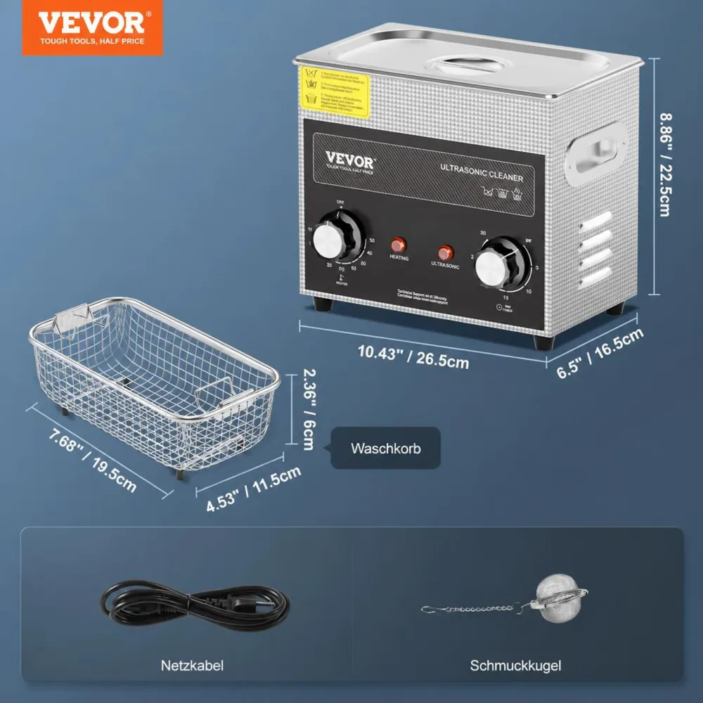 VEVOR 3L Ultraschallreiniger mit Heiztimer und Korb professionelle digitale Schallkavitationsmaschine, 120 W Reinigungsmaschine für Uhreninstrumente Brillen Münzen Metallteile Werkzeuge Silber