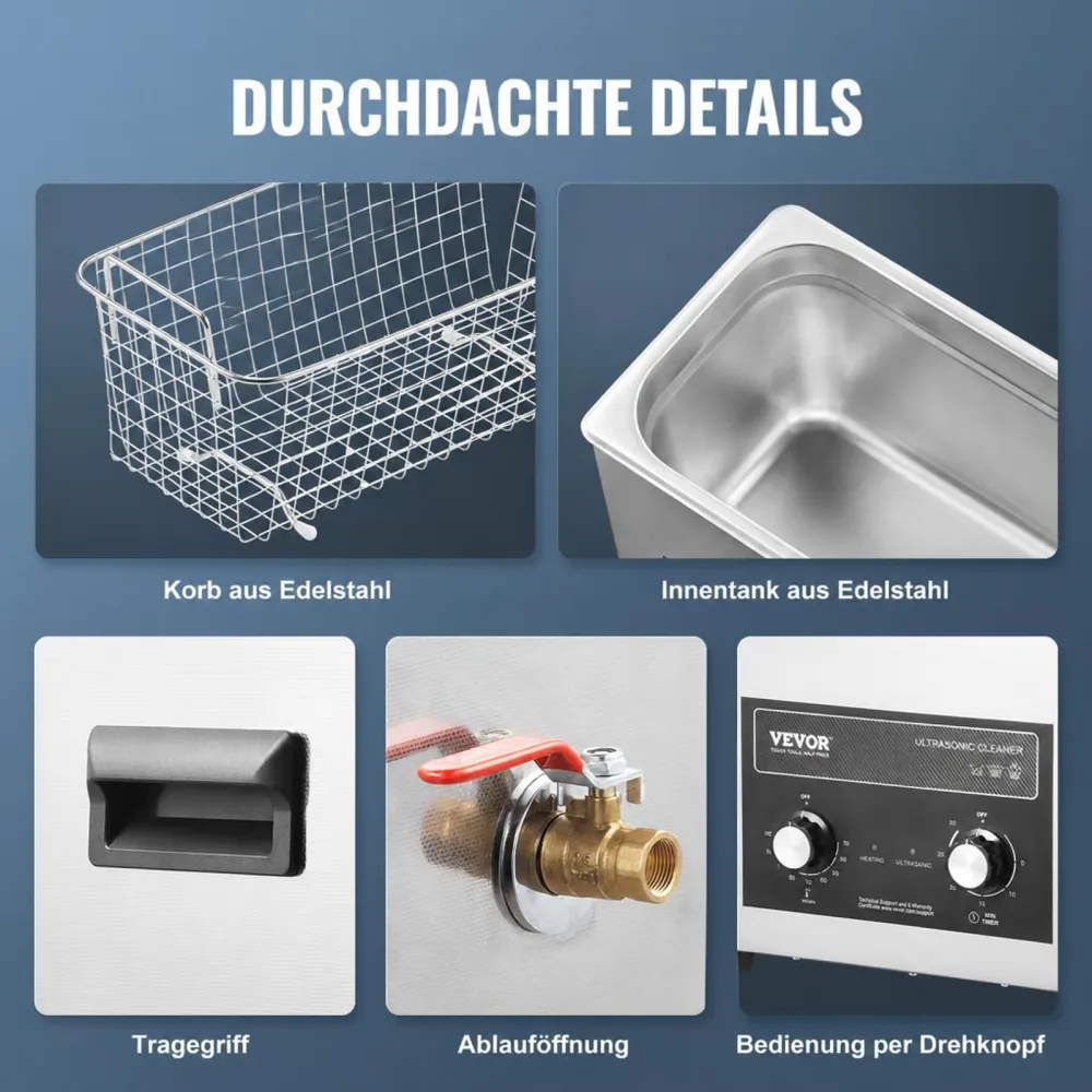VEVOR Ultraschallreiniger mit Heiztimer & Korb 6 L professionelle digitale Schallkavitationsmaschine, 180 W Reinigungsmaschine für Uhreninstrumente Brillen Münzen Metallteile Werkzeuge