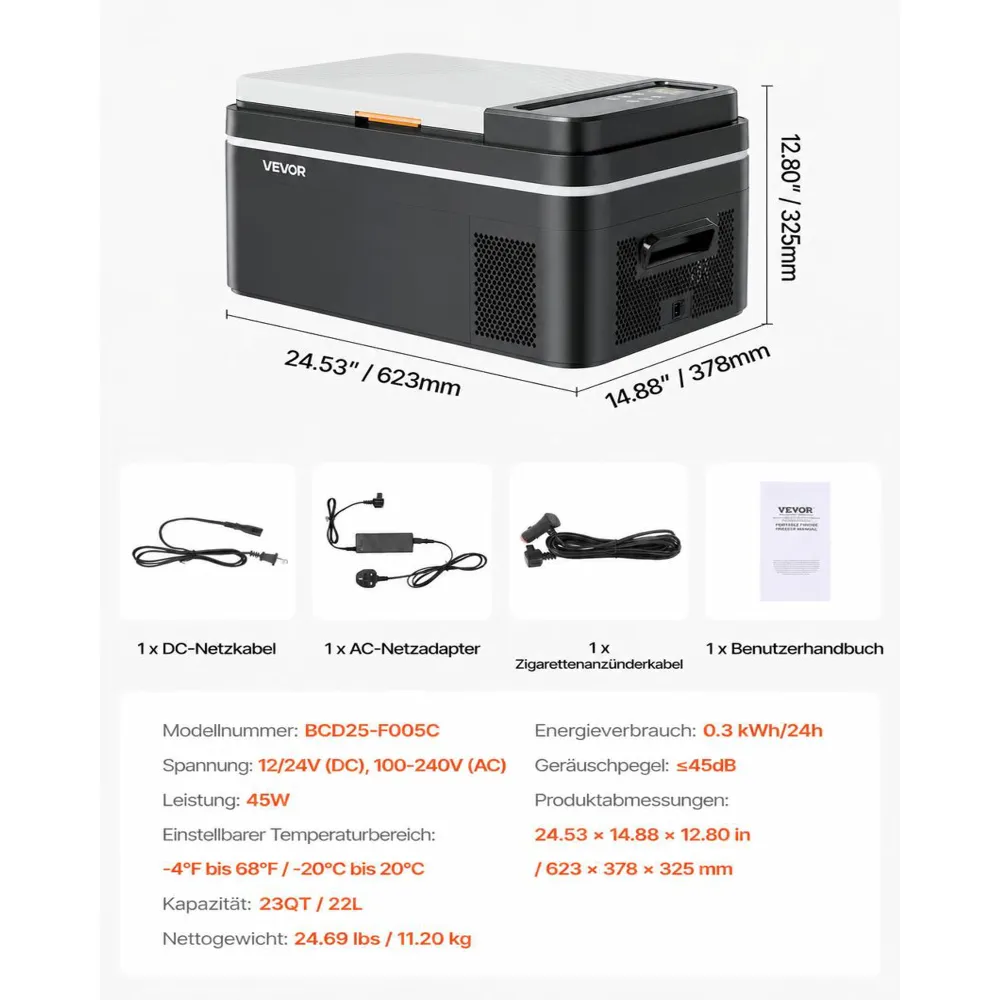 VEVOR Kompressor Kühlbox 22 L,12/24V DC Elektrische Gefrierbox mit App-Steuerung, 100–240 V AC Autokühlschrank für Camping Reisen Lastkraftwagen Angeln, 45 W Thermoelektrische Kühlbox Tragbar
