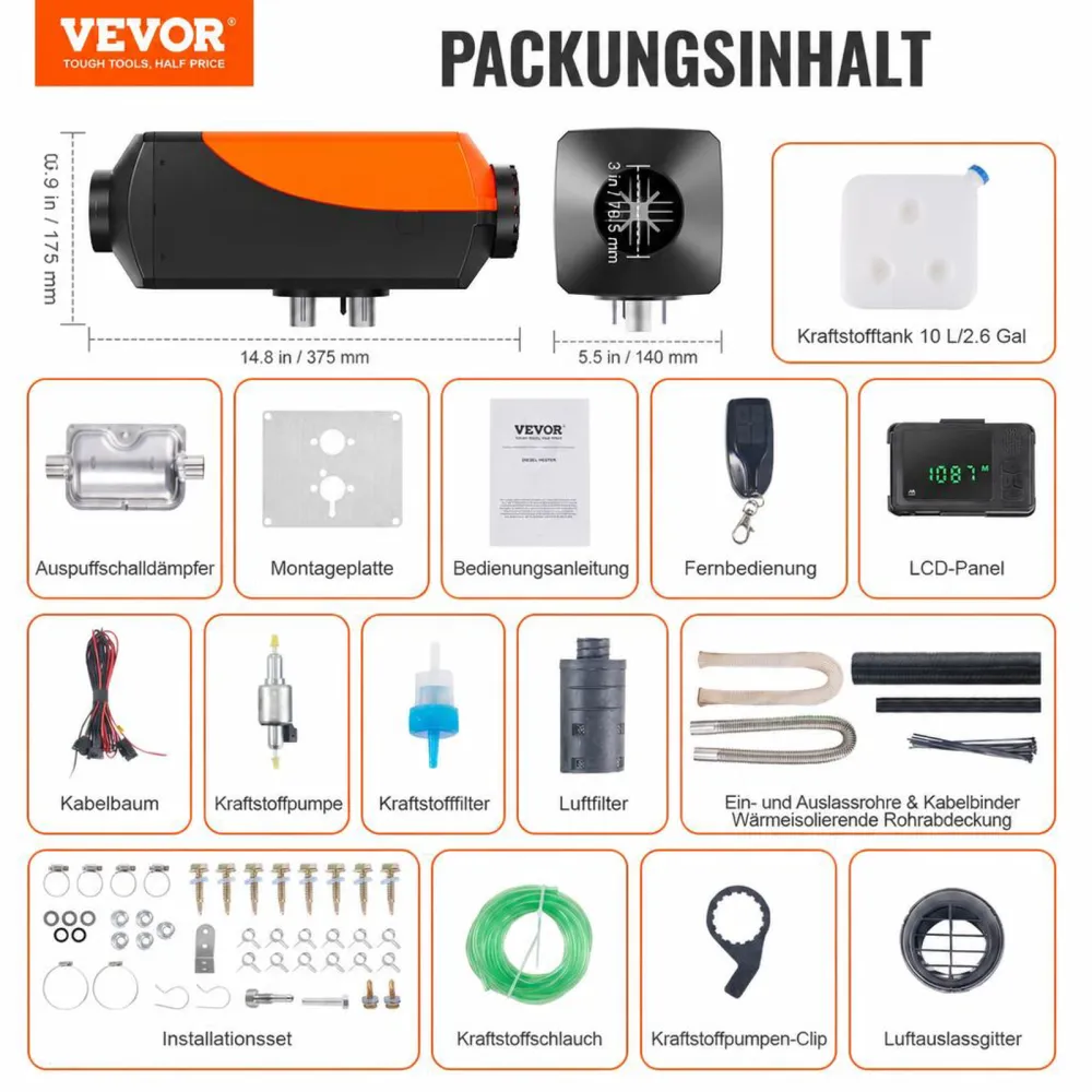 VEVOR Luft Dieselheizung Standheizung 12 V 8 kW, Luftheizung Air Diesel Diesel Standheizung Lufterhitzer, 0,16–0,62 L/Std. Dieselheizung mit LCD-Display & Fernbedienung & Bluetooth-APP