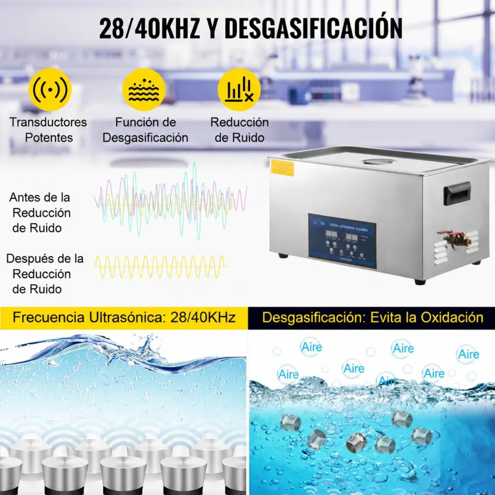 VEVOR Limpiador Ultrasónico de Doble Frecuencia de 22 L con Calentador para Piezas de Joyería Anillo Gafas Placa de Circuito de Registro de Dentadura, 28/40 KHz