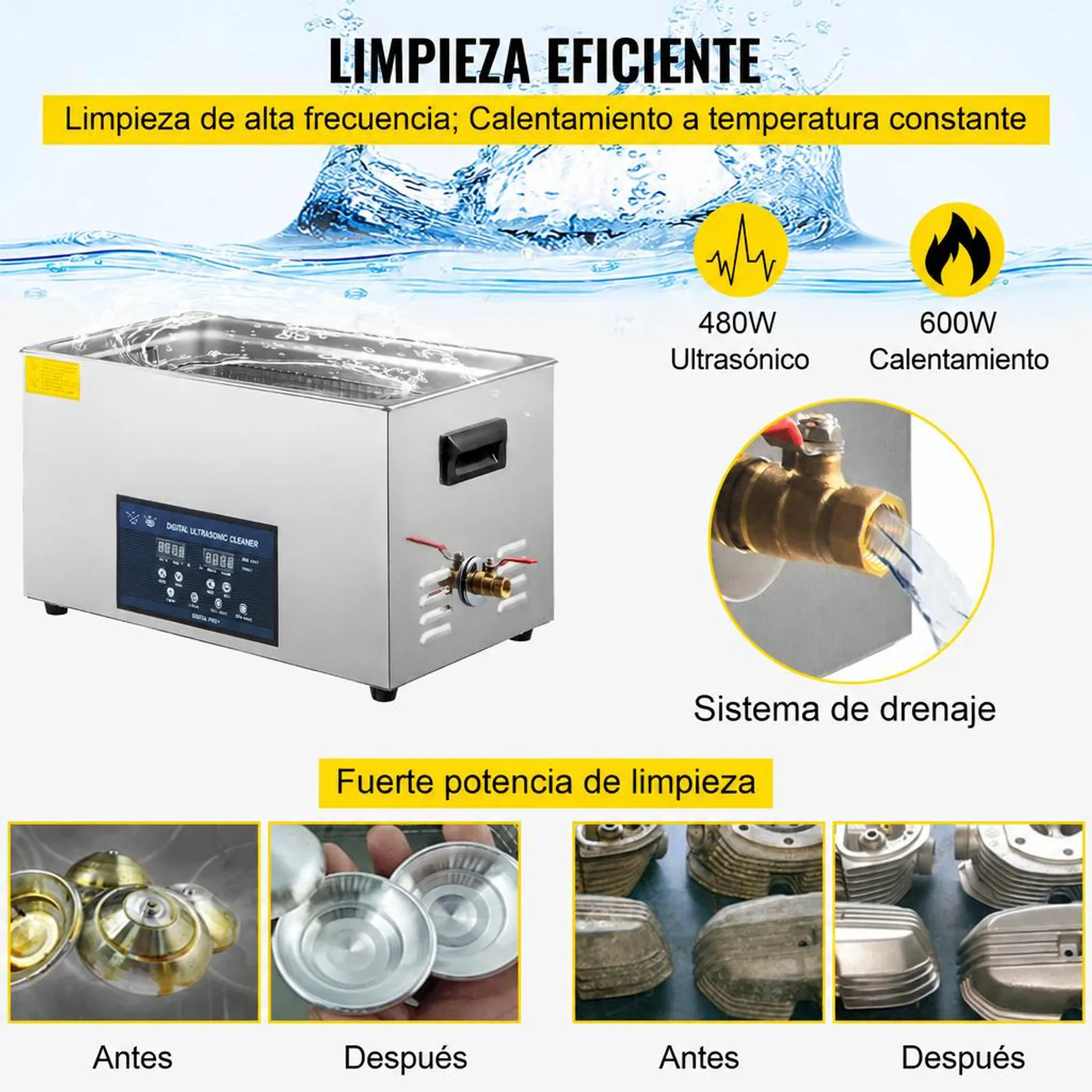 VEVOR Limpiador Ultrasónico de Doble Frecuencia de 22 L con Calentador para Piezas de Joyería Anillo Gafas Placa de Circuito de Registro de Dentadura, 28/40 KHz