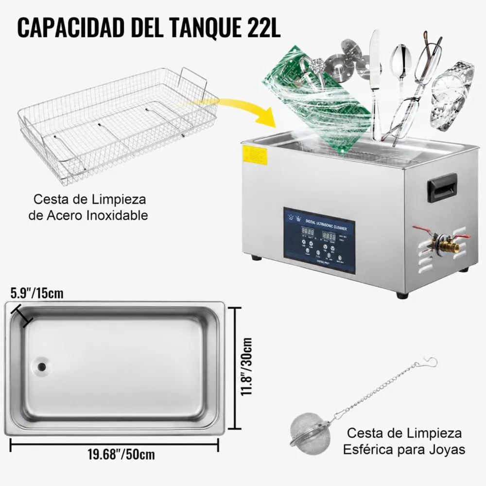 VEVOR Limpiador Ultrasónico de Doble Frecuencia de 22 L con Calentador para Piezas de Joyería Anillo Gafas Placa de Circuito de Registro de Dentadura, 28/40 KHz