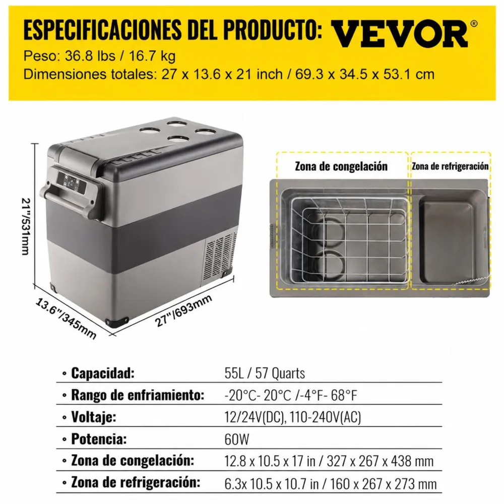 VEVOR Refrigerador para Coche 55 L Mini Caja del Congelador Caja Fresca Mini Frigorífico Coche Mini Nevera -20 a 20 ℃ para Camping Caravanas Picnics Festivales
