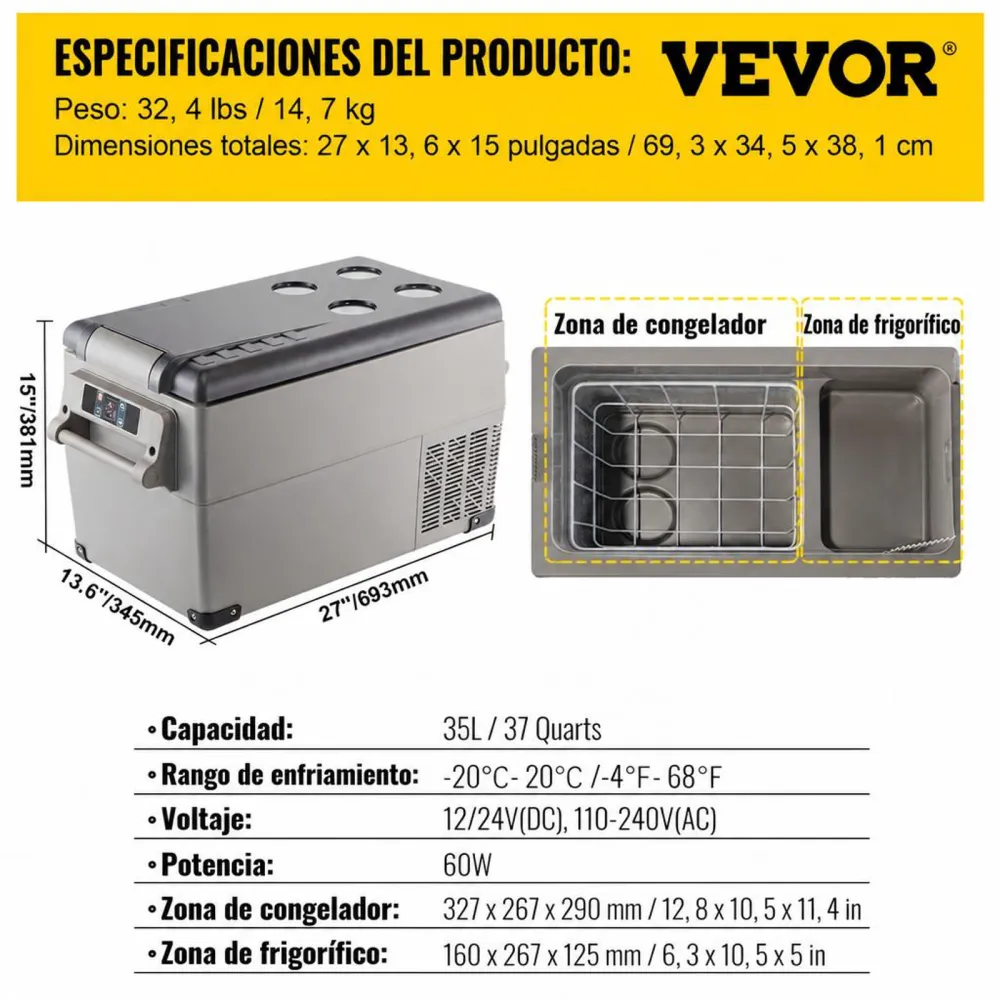VEVOR Nevera Portátil 35 L Nevera de Viaje para Coche Nevera Portátil Eléctrica de Viaje para Coche Mini Refrigerador para Coche Mini Nevera para Bebidas con LCD