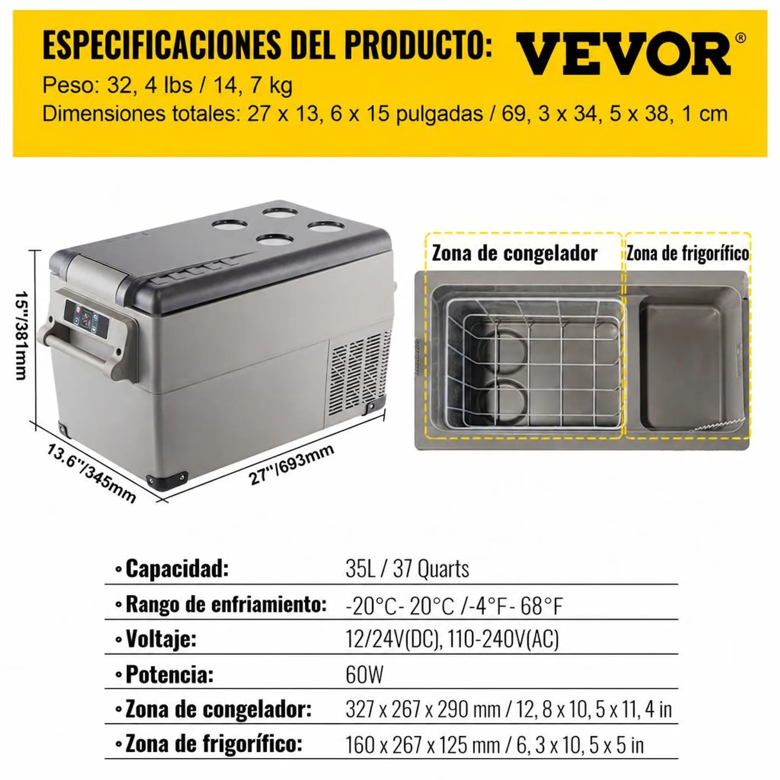 VEVOR Nevera Portátil 35 L Nevera de Viaje para Coche Nevera Portátil Eléctrica de Viaje para Coche Mini Refrigerador para Coche Mini Nevera para Bebidas con LCD