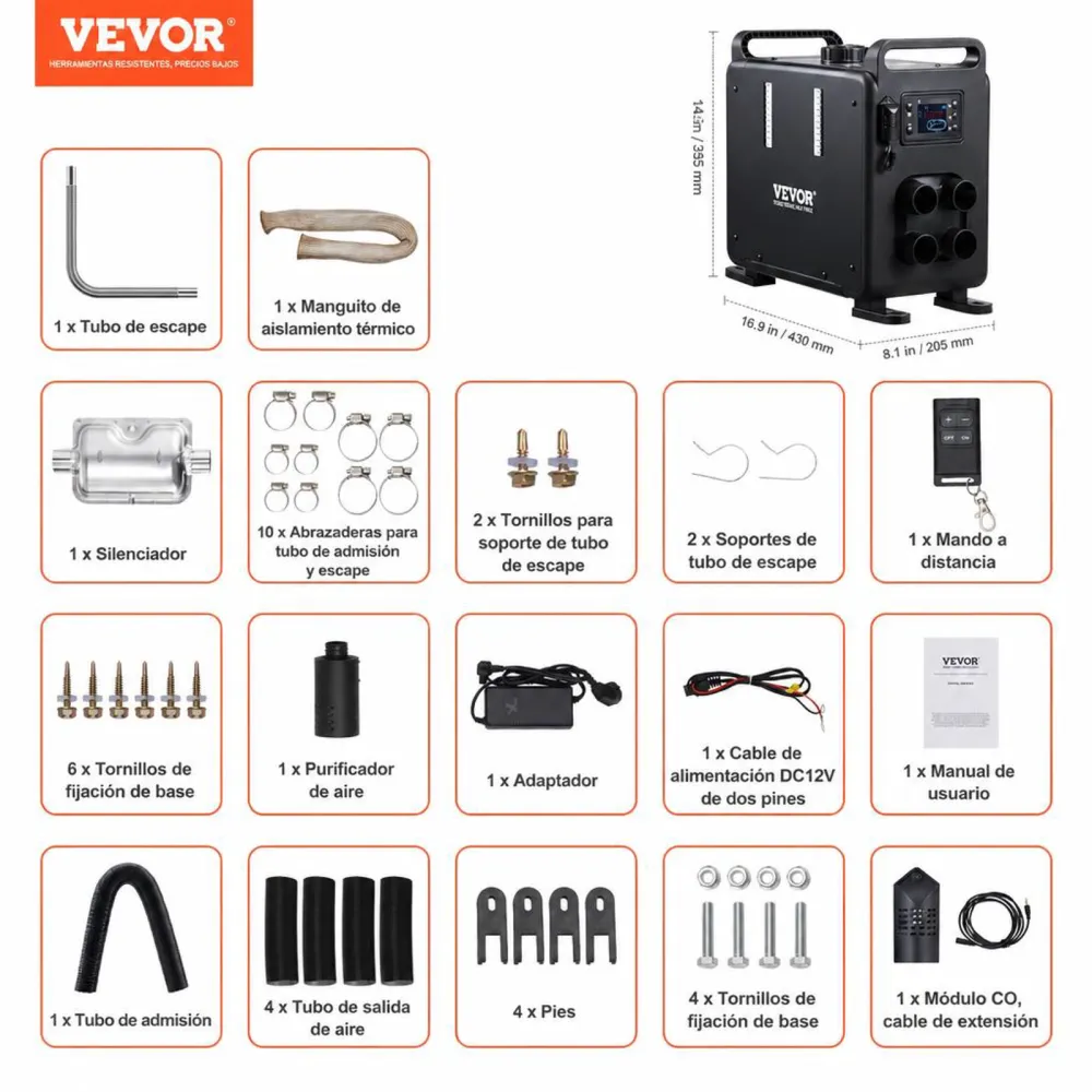 VEVOR Calentador Diésel Vertical de 5-8KW Todo en Uno de 12 V/24 V, Control por Aplicación Bluetooth, Control Remoto y Pantalla Visualización, Alarma de CO, Calentamiento Rápido para Vehículos, Garaje