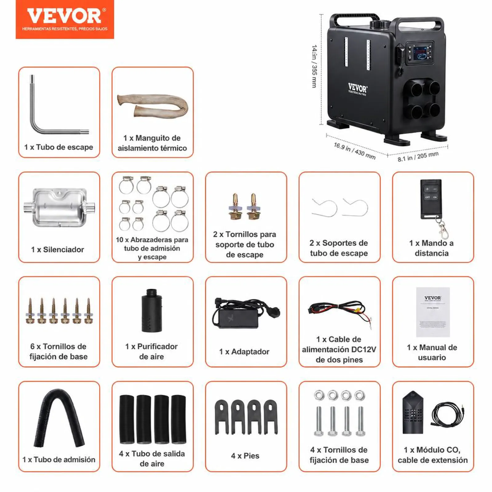 VEVOR Calentador Diésel Vertical de 5-8KW Todo en Uno de 12 V/24 V, Control por Aplicación Bluetooth, Control Remoto y Pantalla Visualización, Alarma de CO, Calentamiento Rápido para Vehículos, Garaje