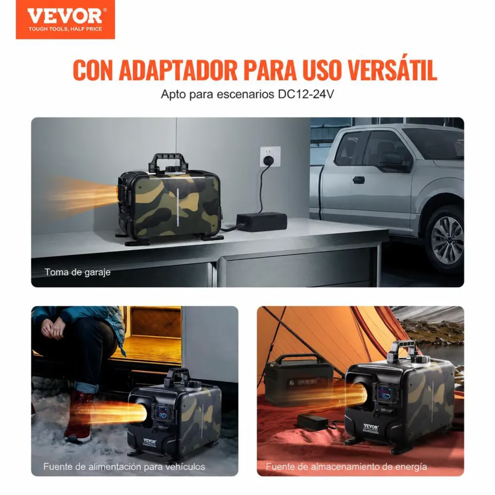 VEVOR Calentador Diésel Horizontal de 5-8KW Todo en Uno de 12 V/24 V, Control por Aplicación Bluetooth, Control Remoto y Pantalla Visualización, Alarma de CO, Calentamiento Rápido a Vehículos, Garaje