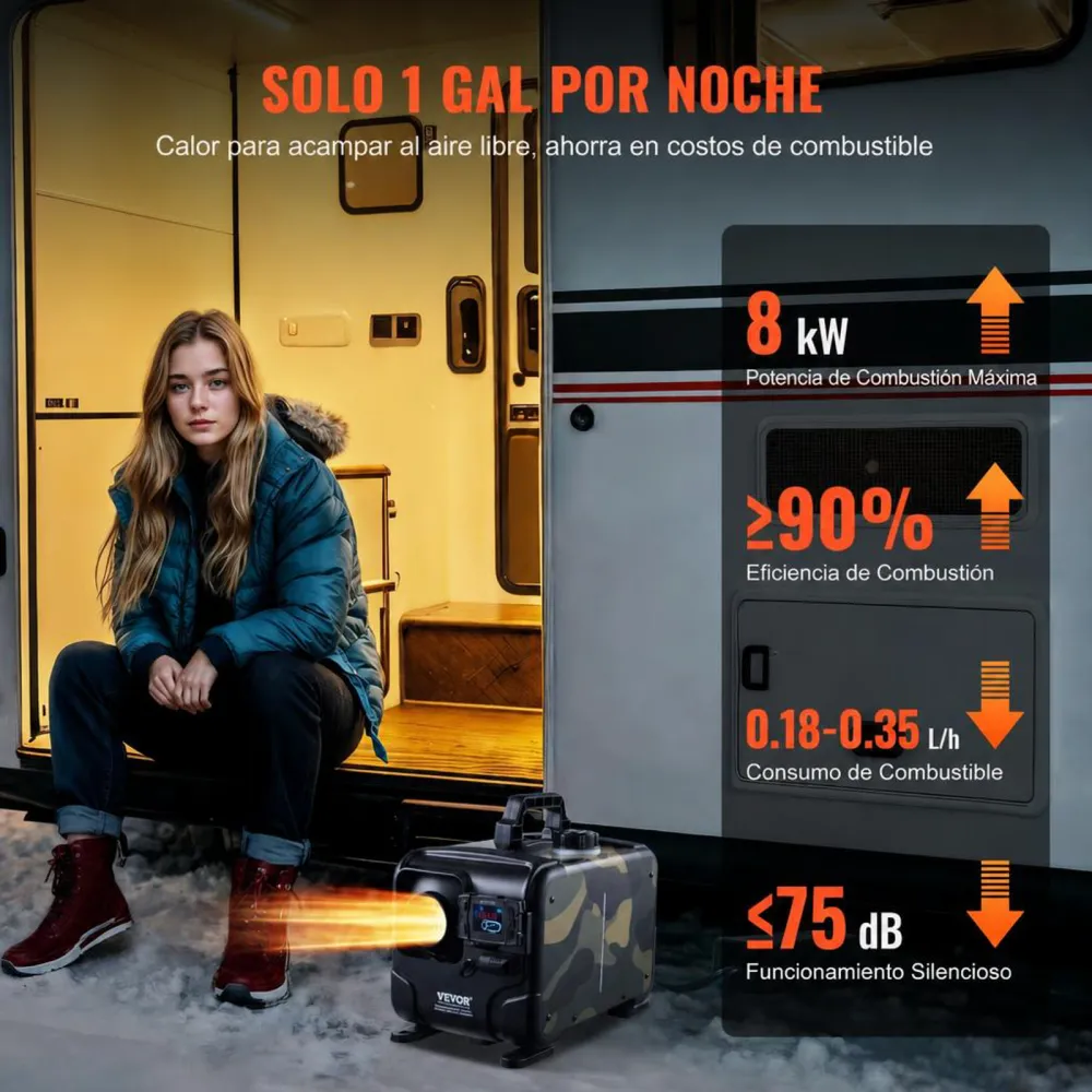 VEVOR Calentador Diésel Horizontal de 5-8KW Todo en Uno de 12 V/24 V, Control por Aplicación Bluetooth, Control Remoto y Pantalla Visualización, Alarma de CO, Calentamiento Rápido a Vehículos, Garaje