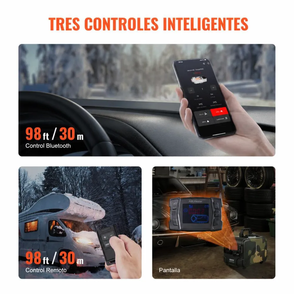 VEVOR Calentador Diésel Horizontal de 5-8KW Todo en Uno de 12 V/24 V, Control por Aplicación Bluetooth, Control Remoto y Pantalla Visualización, Alarma de CO, Calentamiento Rápido a Vehículos, Garaje