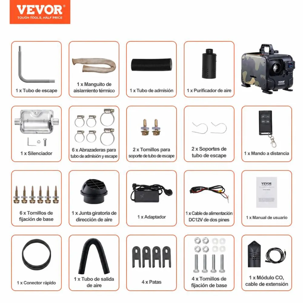 VEVOR Calentador Diésel Horizontal de 5-8KW Todo en Uno de 12 V/24 V, Control por Aplicación Bluetooth, Control Remoto y Pantalla Visualización, Alarma de CO, Calentamiento Rápido a Vehículos, Garaje