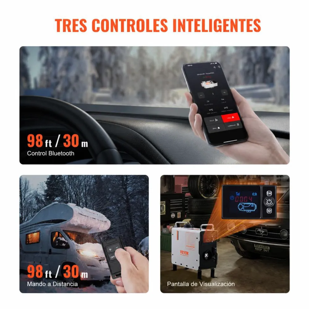 VEVOR Calentador Diésel Portátil 2 kW Todo en Uno de 12 V/24 V, con Control por Aplicación Bluetooth, Control Remoto y Pantalla de Visualización, Alarma de CO, Calentamiento Rápido para Vehículos