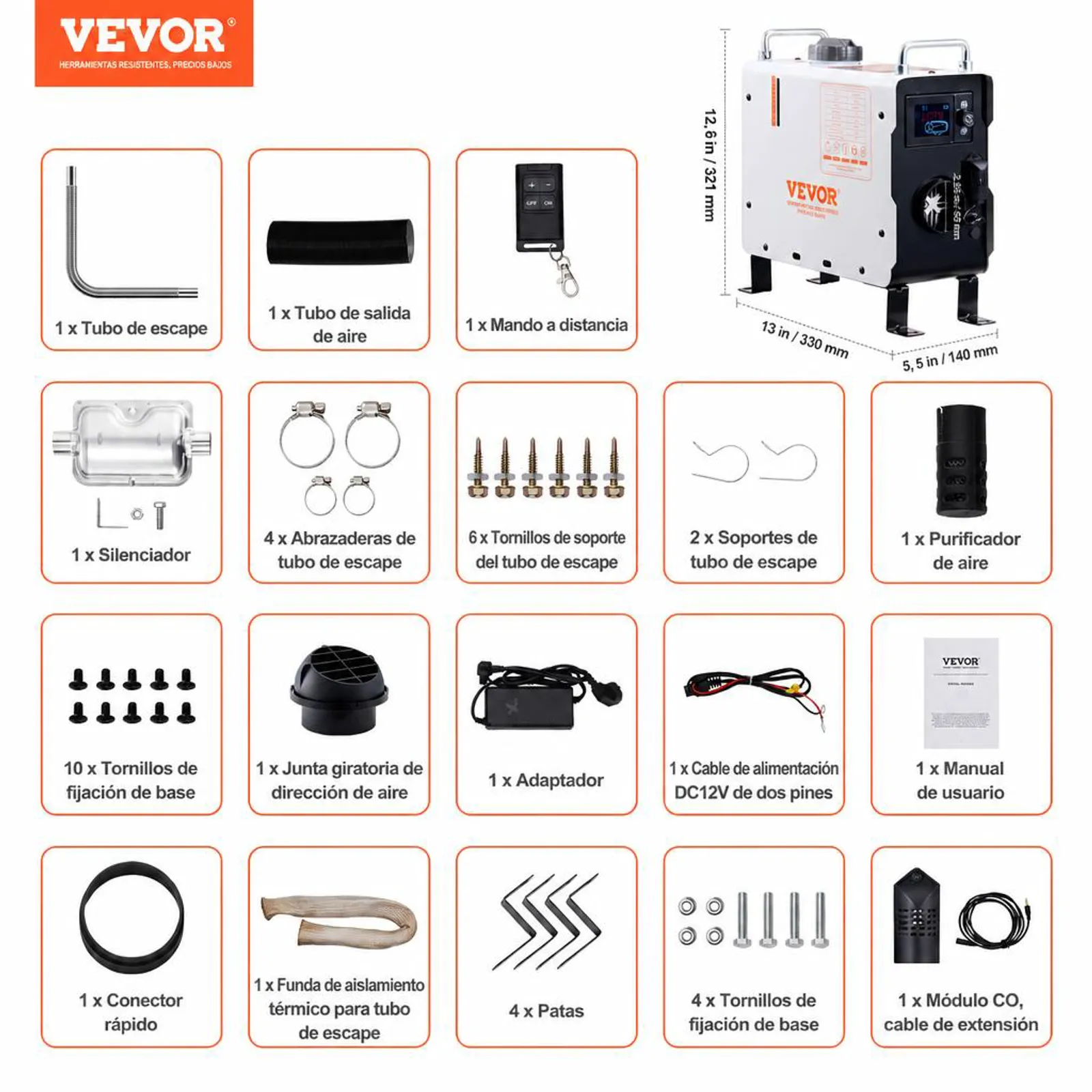 VEVOR Calentador Diésel Portátil 2 kW Todo en Uno de 12 V/24 V, con Control por Aplicación Bluetooth, Control Remoto y Pantalla de Visualización, Alarma de CO, Calentamiento Rápido para Vehículos