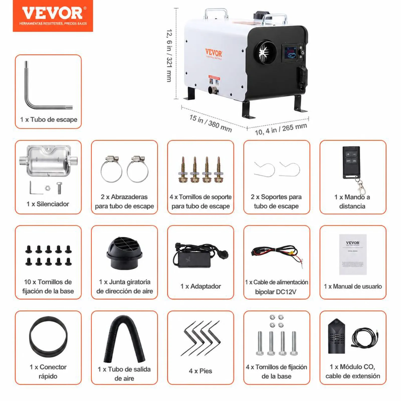VEVOR Calentador Diésel Portátil 5-8KW Todo en Uno 12 V/24 V, con Control por Aplicación Bluetooth, Control Remoto y Pantalla de Visualización, Alarma de CO, Calentamiento Rápido Vehículos y Exteriores