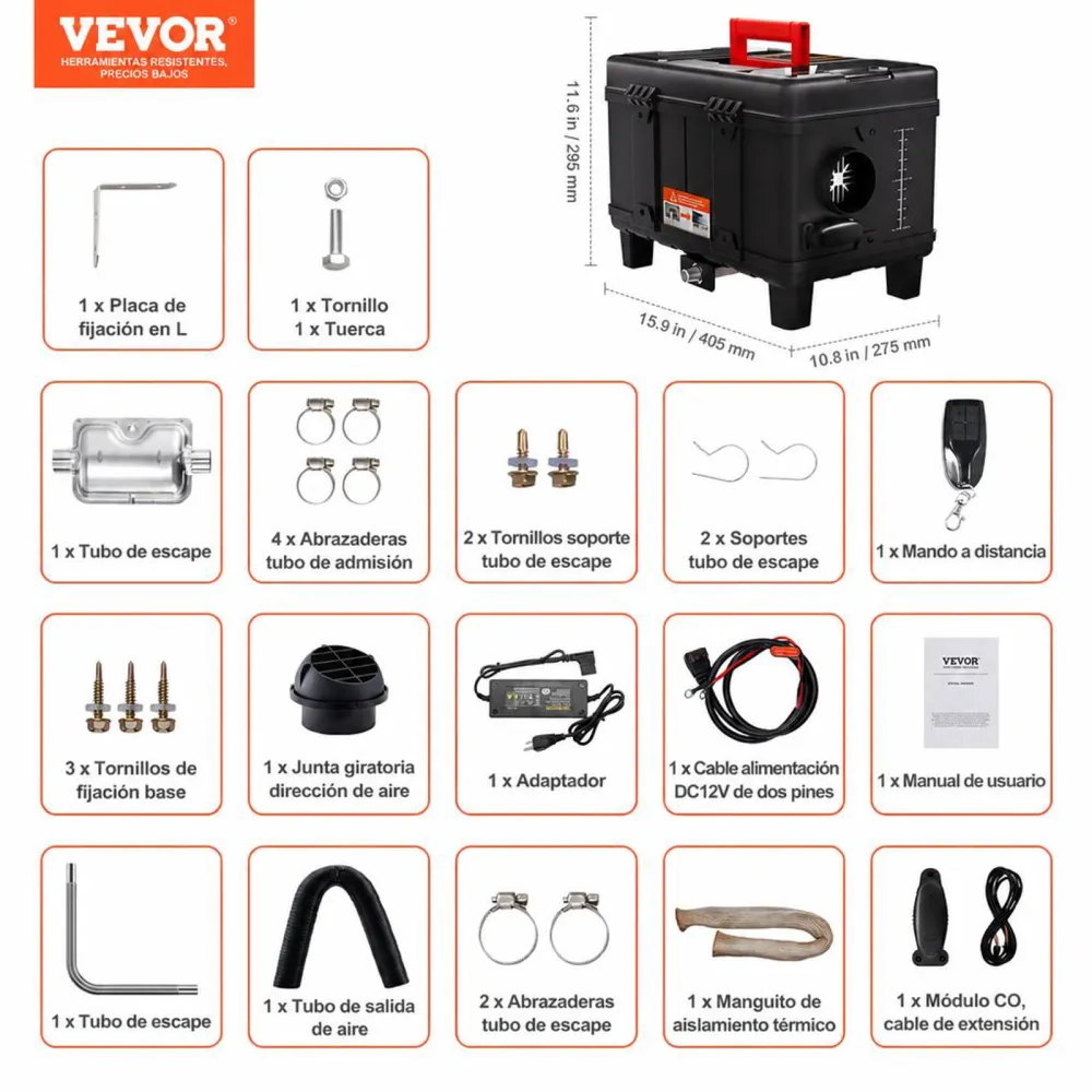 VEVOR Calentador Diésel Portátil de 5-8KW Todo en Uno de 12 V/24 V, con Control por Aplicación Bluetooth, Control Remoto y Pantalla de Visualización, Alarma de CO, para Vehículos y Garajes, Negro