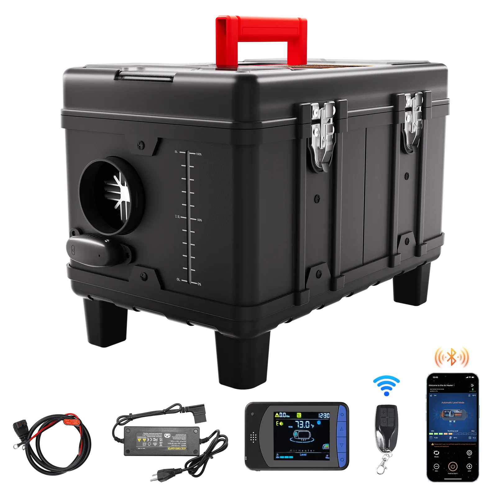 VEVOR Calentador Diésel Portátil de 5-8KW Todo en Uno de 12 V/24 V, con Control por Aplicación Bluetooth, Control Remoto y Pantalla de Visualización, Alarma de CO, para Vehículos y Garajes, Negro
