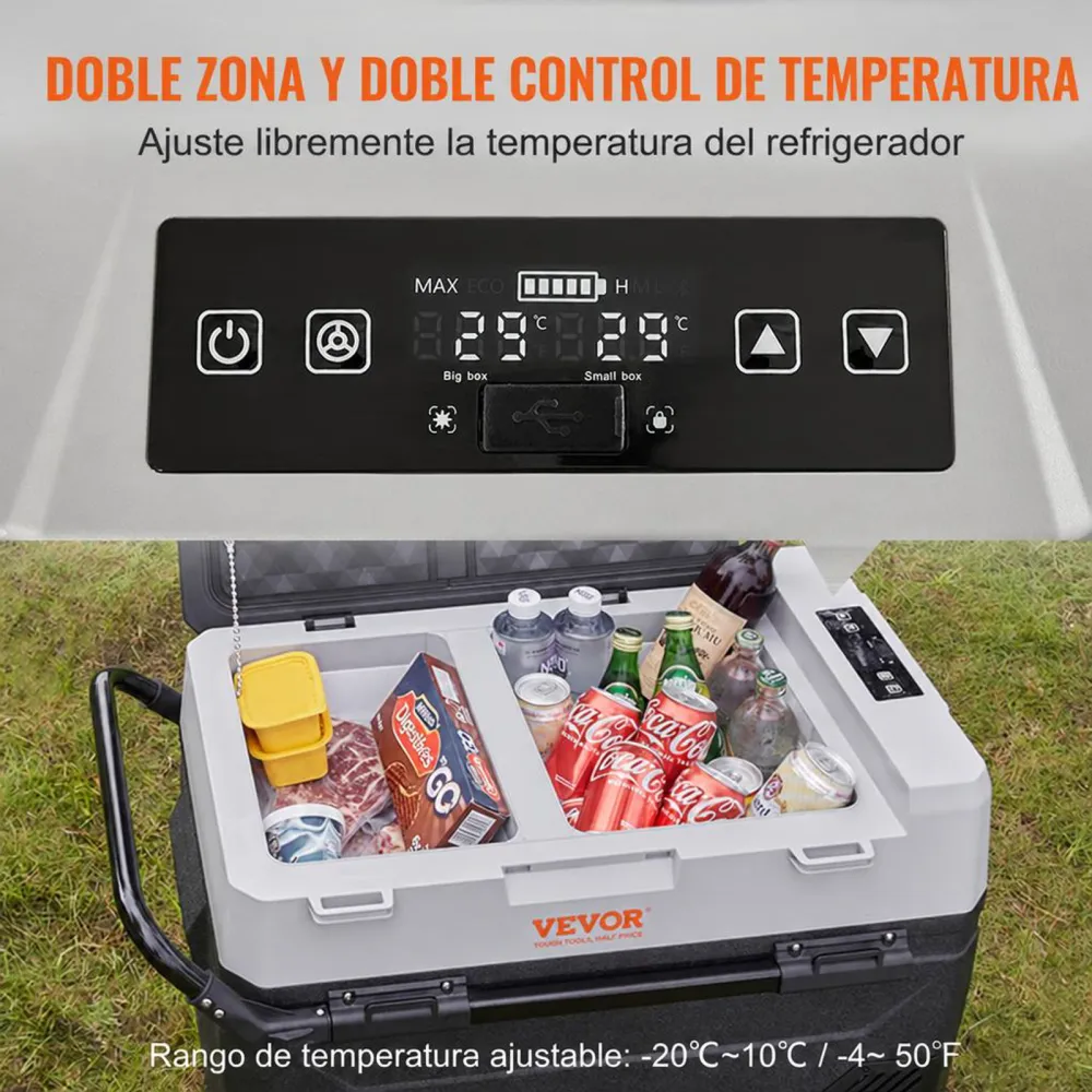 VEVOR Nevera Eléctrica Portátil de 38 L Nevera Portátil para Coche 12/24 V CC 100-240 V CA Nevera de Una Zona para Coche 0,708 kW.h -20 °C a 10 °C Congelador Ajustable para Camión Barco Camping