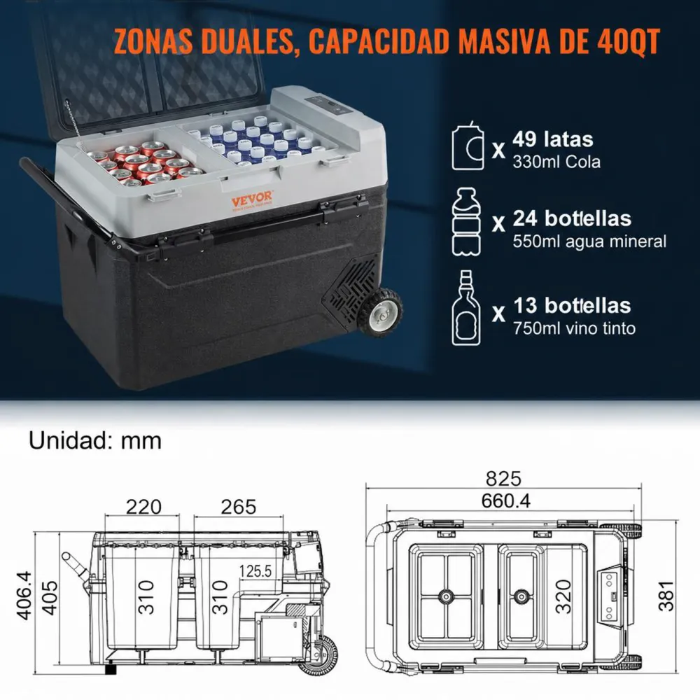 VEVOR Nevera Eléctrica Portátil de 38 L Nevera Portátil para Coche 12/24 V CC 100-240 V CA Nevera de Una Zona para Coche 0,708 kW.h -20 °C a 10 °C Congelador Ajustable para Camión Barco Camping
