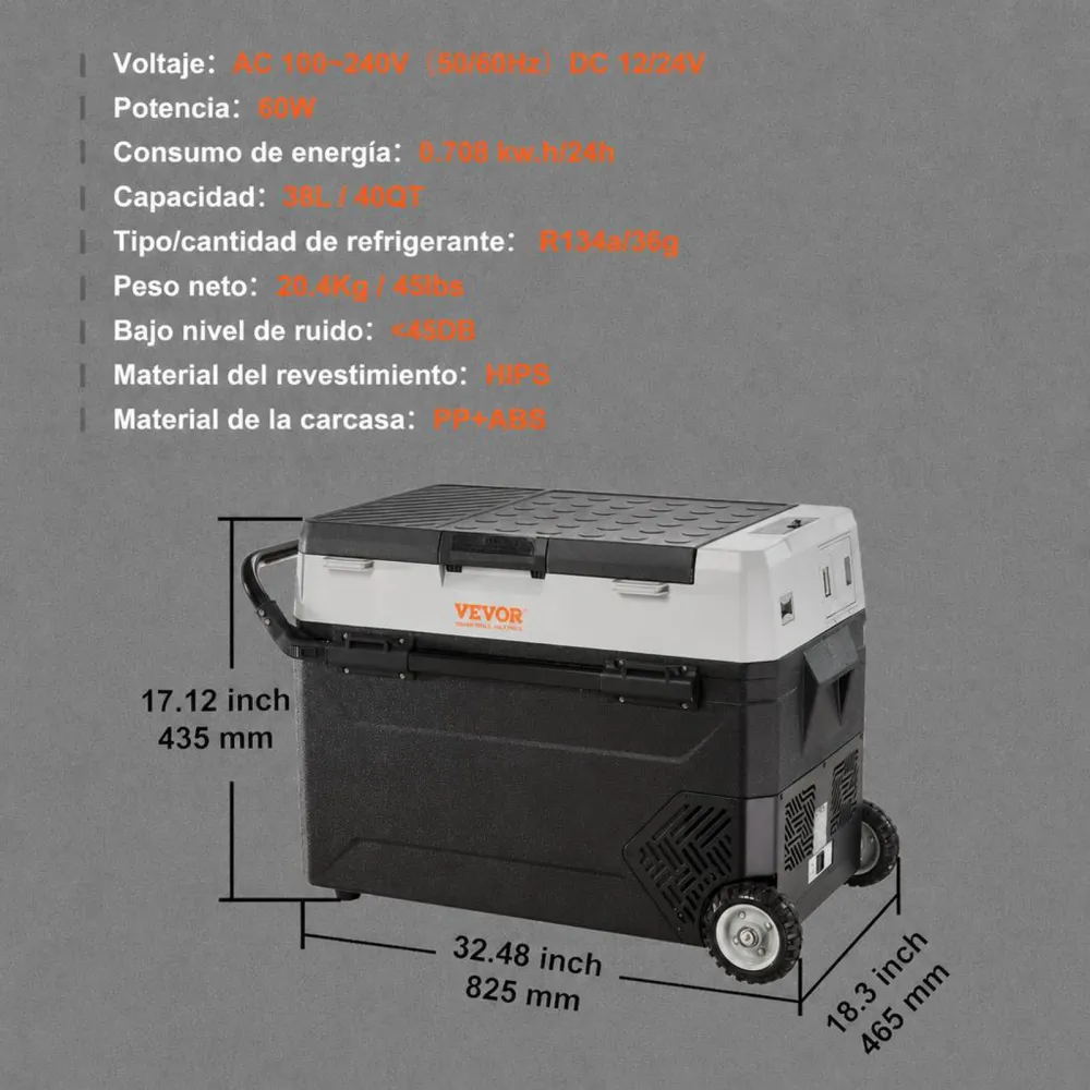 VEVOR Nevera Eléctrica Portátil de 38 L Nevera Portátil para Coche 12/24 V CC 100-240 V CA Nevera de Una Zona para Coche 0,708 kW.h -20 °C a 10 °C Congelador Ajustable para Camión Barco Camping