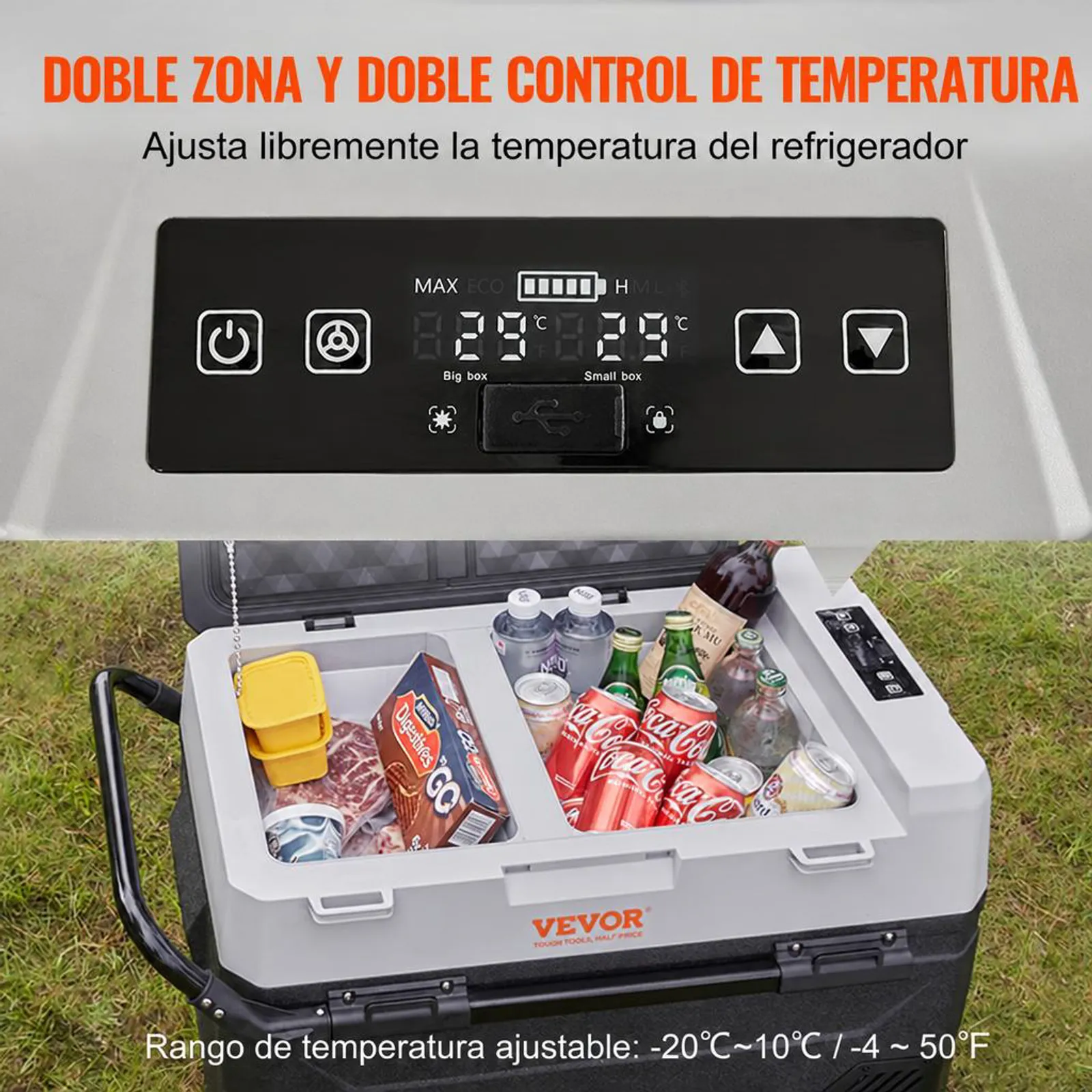 VEVOR Nevera Eléctrica Portátil de 53 L Nevera Portátil para Coche 12/24 V CC 100-240 V CA Nevera de Una Zona para Coche 0,6 kW.h -20 °C a 10 °C Congelador Ajustable para Camión Barco Camping