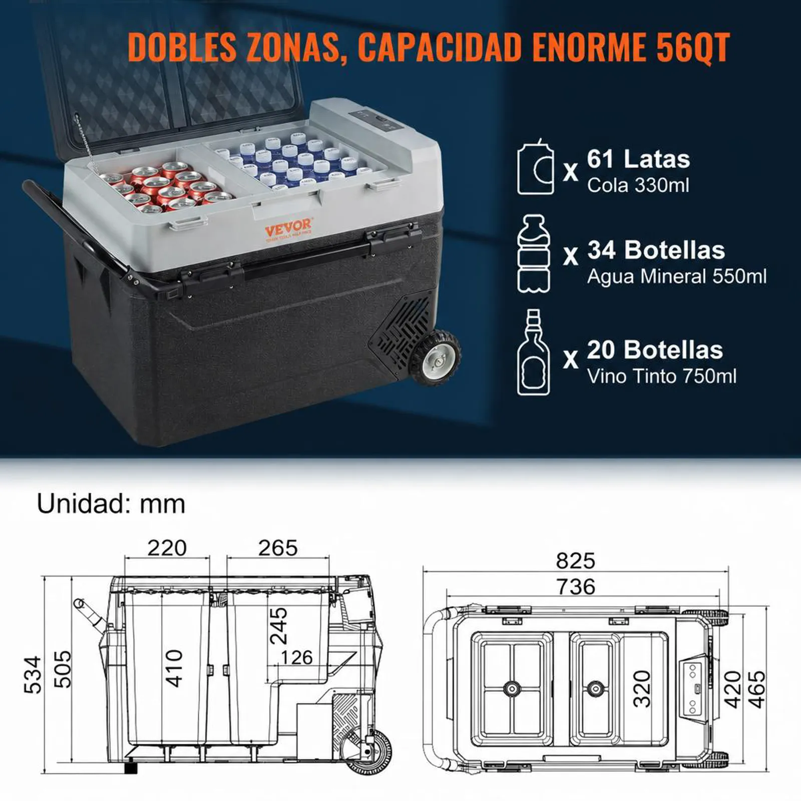 VEVOR Nevera Eléctrica Portátil de 53 L Nevera Portátil para Coche 12/24 V CC 100-240 V CA Nevera de Una Zona para Coche 0,6 kW.h -20 °C a 10 °C Congelador Ajustable para Camión Barco Camping