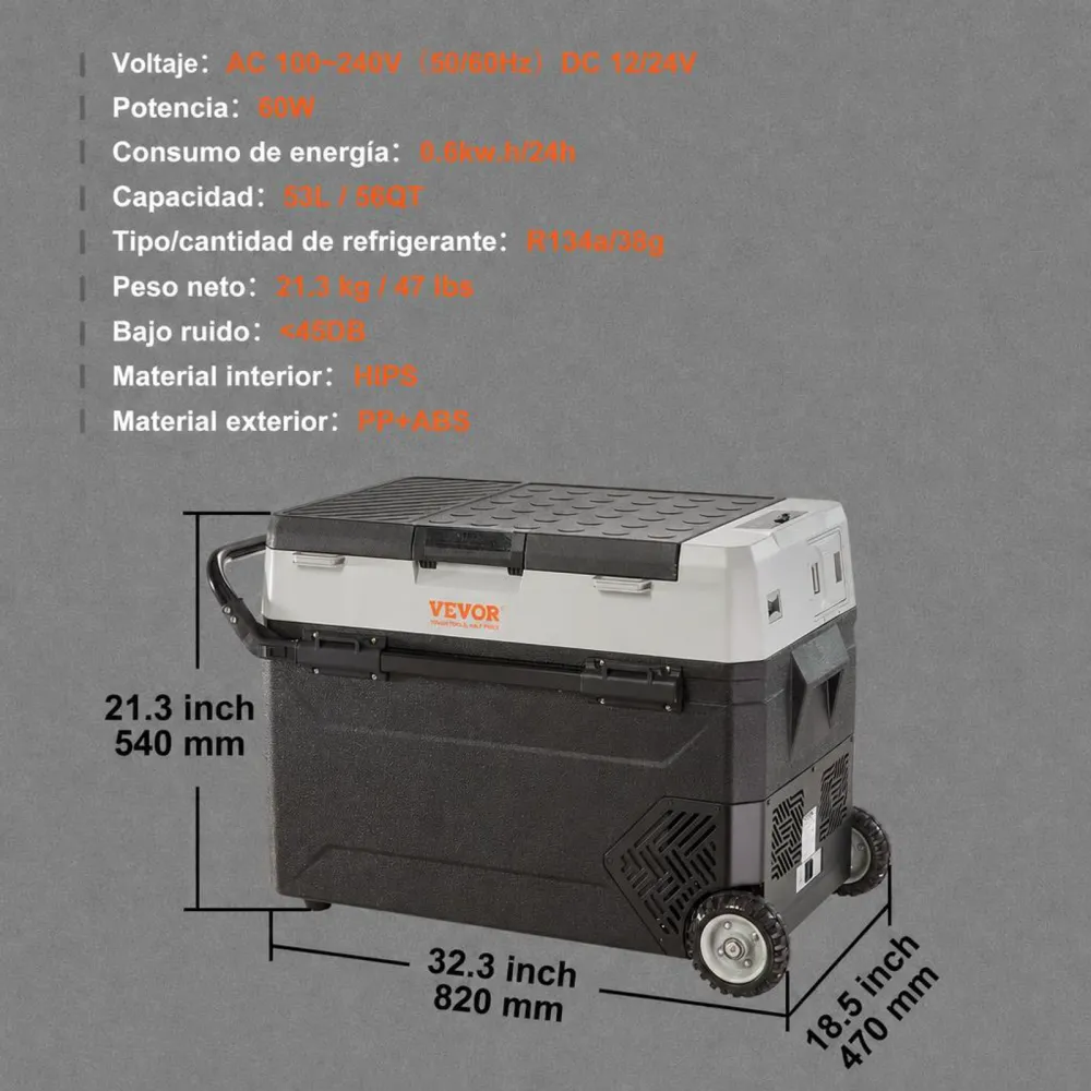 VEVOR Nevera Eléctrica Portátil de 53 L Nevera Portátil para Coche 12/24 V CC 100-240 V CA Nevera de Una Zona para Coche 0,6 kW.h -20 °C a 10 °C Congelador Ajustable para Camión Barco Camping