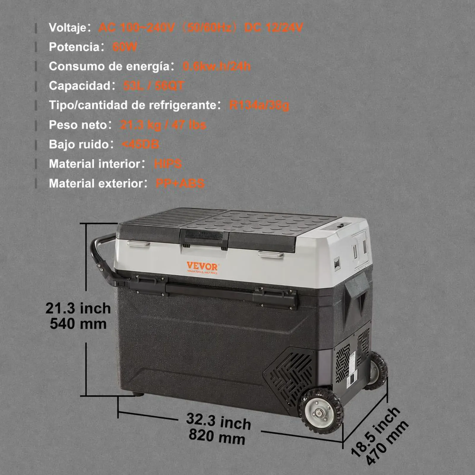 VEVOR Nevera Eléctrica Portátil de 53 L Nevera Portátil para Coche 12/24 V CC 100-240 V CA Nevera de Una Zona para Coche 0,6 kW.h -20 °C a 10 °C Congelador Ajustable para Camión Barco Camping