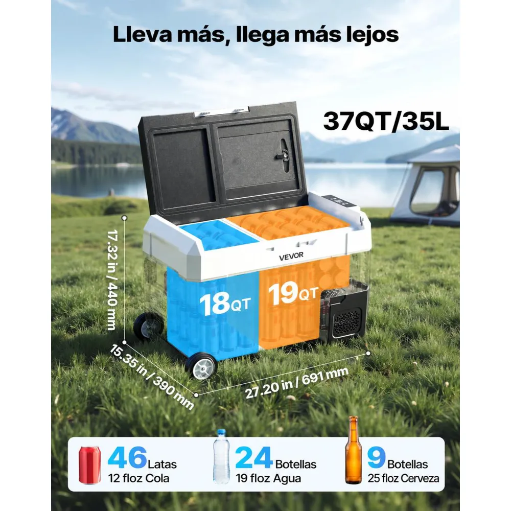 VEVOR Nevera Portátil para Coche 35 L, Refrigerador para Coche Temperatura Ajustable de -20 °C a 20 °C, con Control por Aplicación, Ruedas y Doble Zona, para Autocaravanas, Barcos, Camping, Pesca